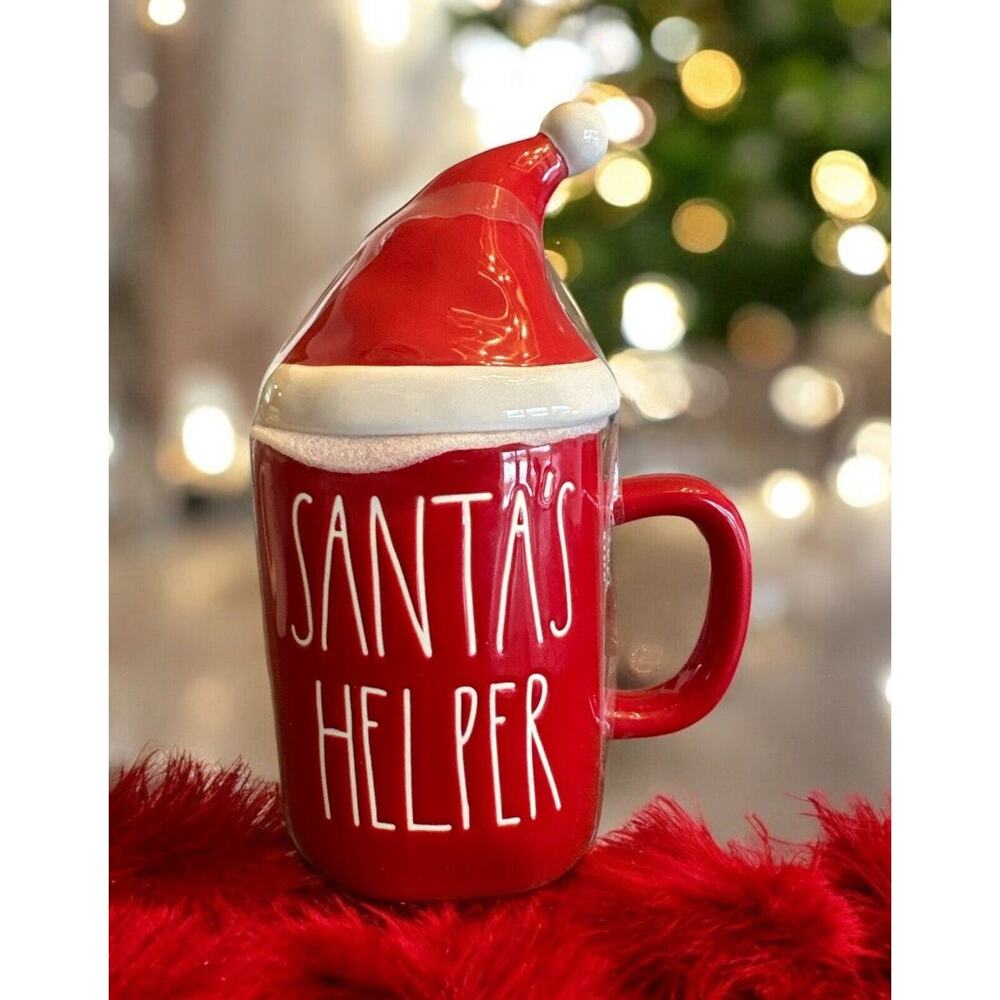 NEW Rae Dunn Christmas SANTA'S HELPER Red Large Letter Coffee Mug w/ Hat Topper